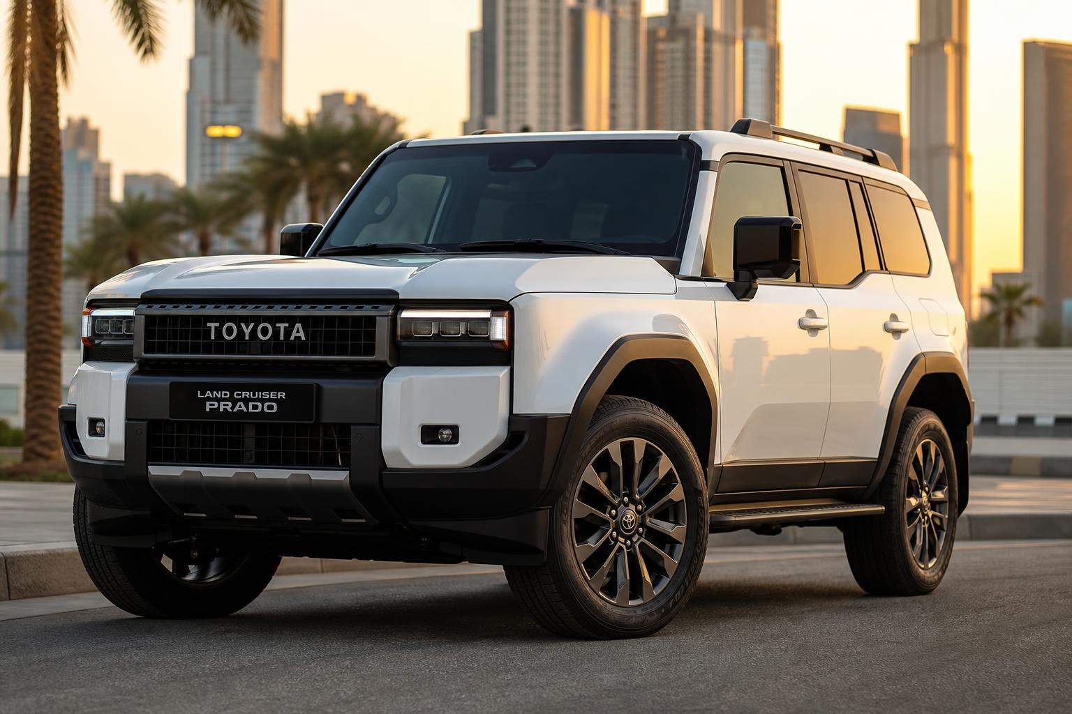 A pearl-white 2025 Toyota Land Cruiser Prado (250-series) parked against a Dubai skyline at golden hour - illustrative of the GCC-spec vehicles we source