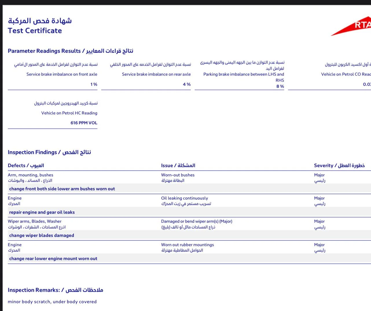 Sample vehicle test certificate